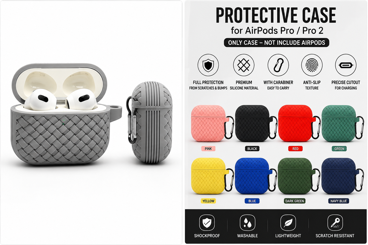 Woven Silicone Protective Case for AirPods Pro Shockproof & Scratch Resistant | Carabiner Clip | Multiple Colours | Case Only