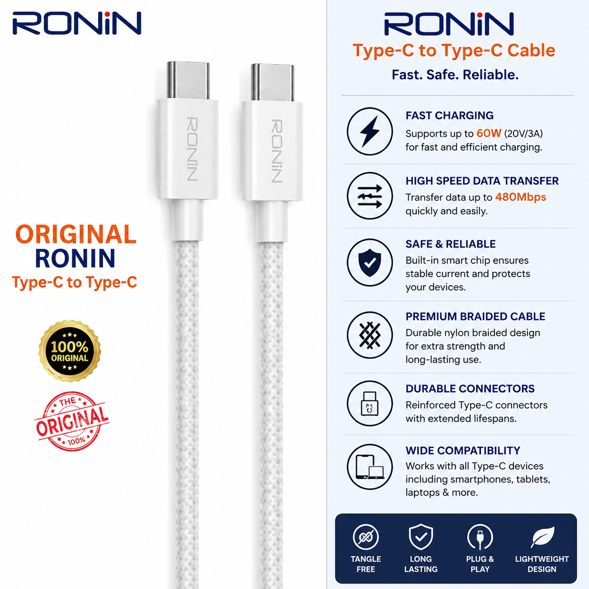 RONIN Original Type-C to Type-C Cable Fast Charging | Braided Cable | High-Speed Data Transfer | Durable Design