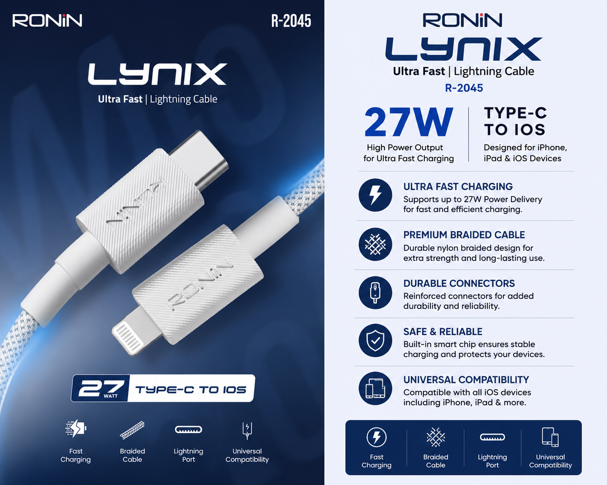 RONIN LYNIX R-2045 Type-C to Lightning Cable 27W Fast Charging | Braided Cable | Durable Design | iOS Compatible