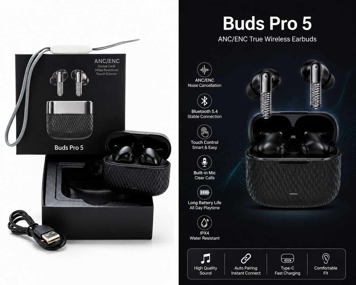 Buds Pro 5 ANC/ENC Wireless Earbuds Noise Cancellation | Touch Control | Bluetooth | Deep Bass | Charging Case