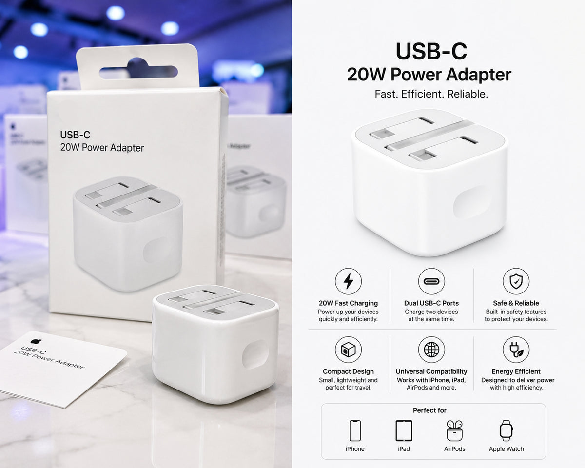 USB-C 20W Power Adapter Fast Charging | Dual USB-C Ports | Compact Design | Universal Compatibility