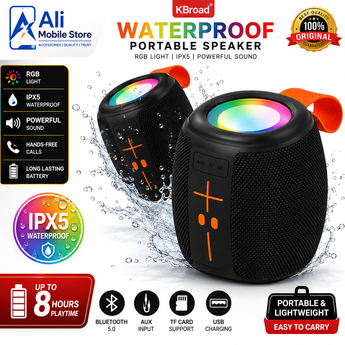 Waterproof Portable Bluetooth Speaker RGB Light | IPX5 Waterproof | Powerful Sound | Hands-Free Calls