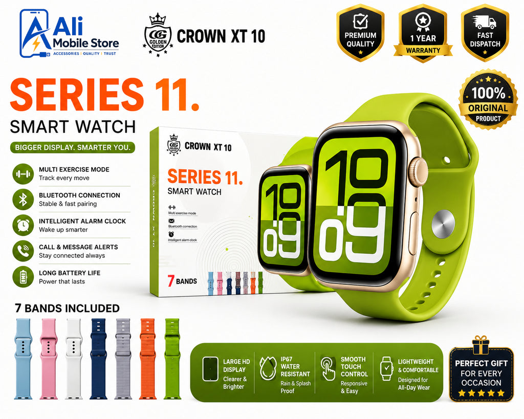 Crown XT 10 Series 11 Smart Watch 7 Bands Included | HD Display | Bluetooth | IP67 Water Resistant