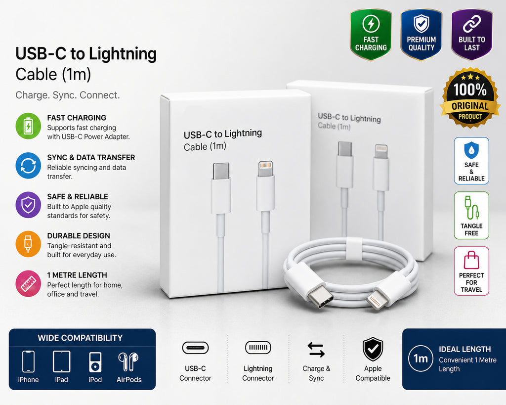 Apple USB-C to Lightning Cable 1m Fast Charging | Lightning Connector | 1 Metre | iPhone & iPad Compatible
