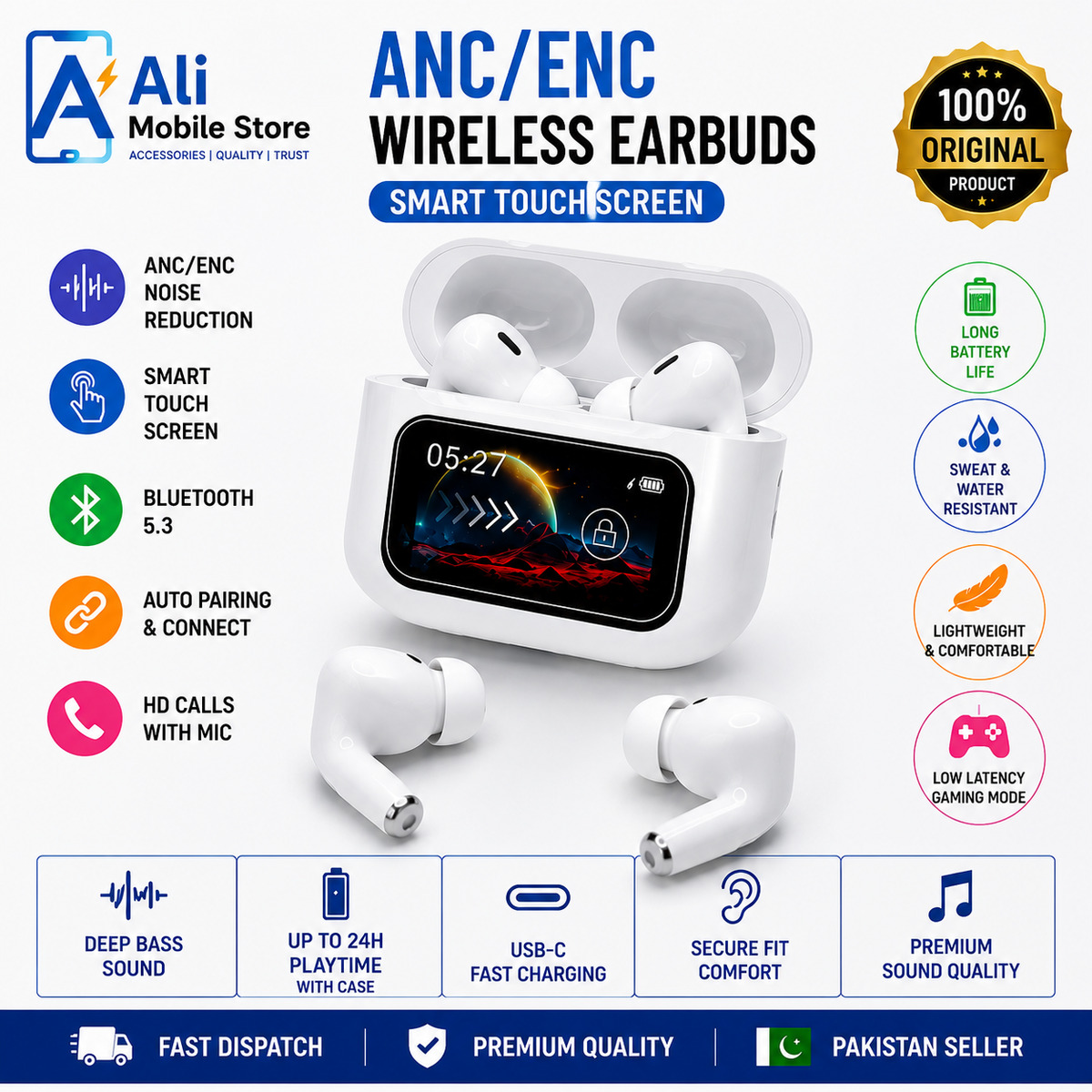 ANC/ENC Wireless Earbuds with Smart Touch Screen Noise Reduction | Bluetooth 5.3 | Touch Control | HD Calls